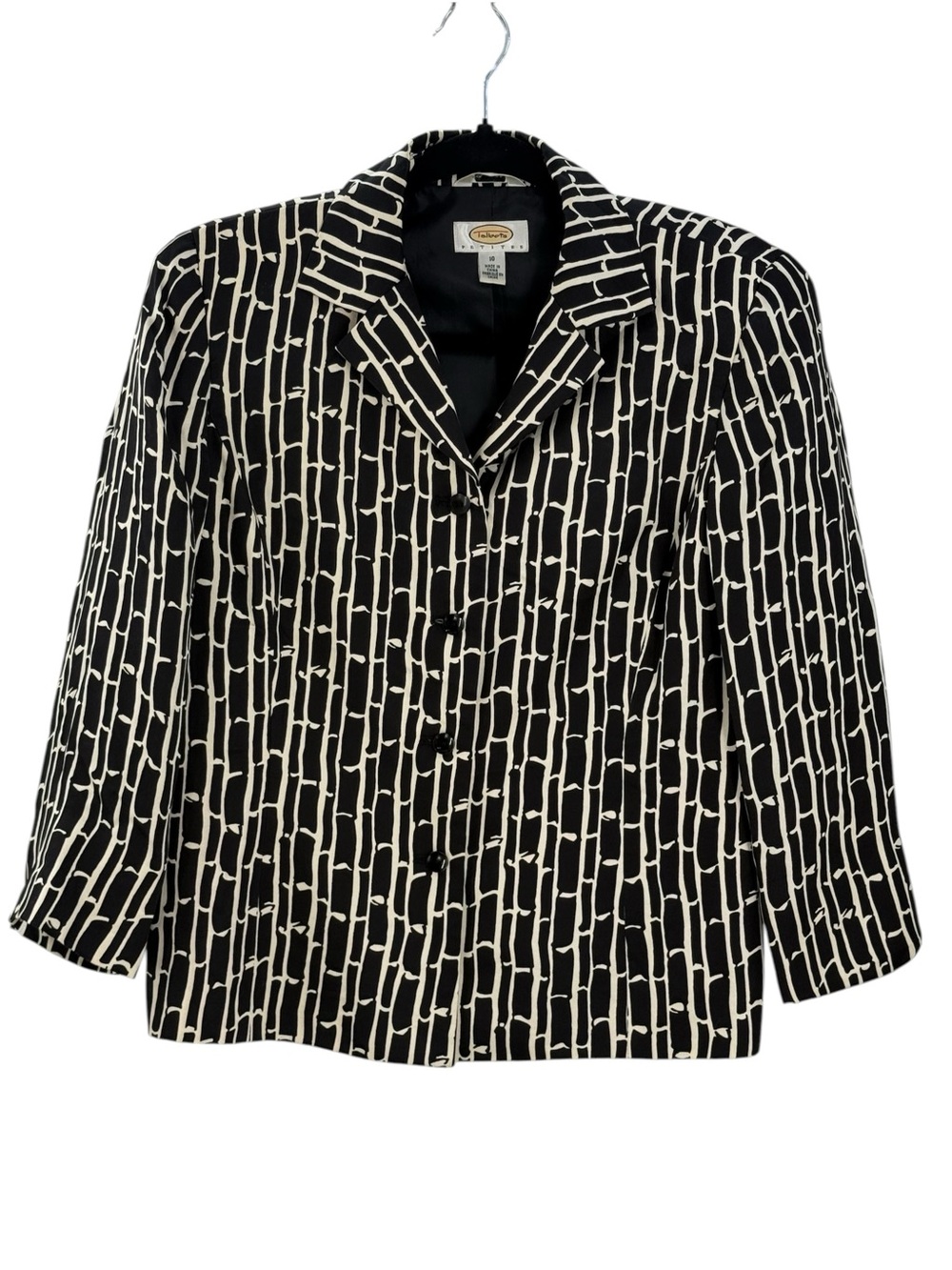 Vintage Talbots Petites 10 Pure Silk Bamboo Print Jacket Black Ivory